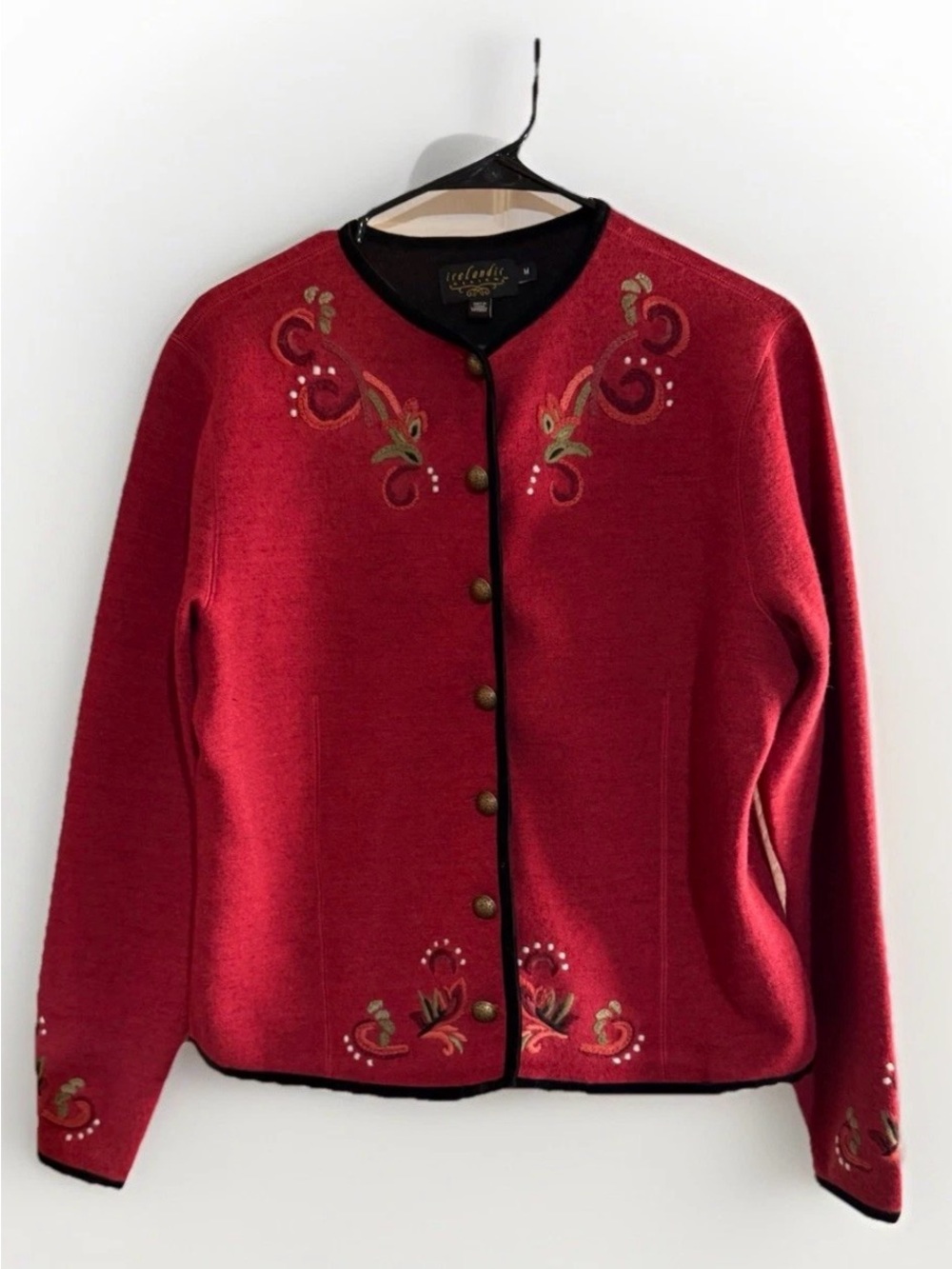 Icelandic Design Wool Cardigan Sweater‎ Jacket Red Embroidered Floral Vintage L
